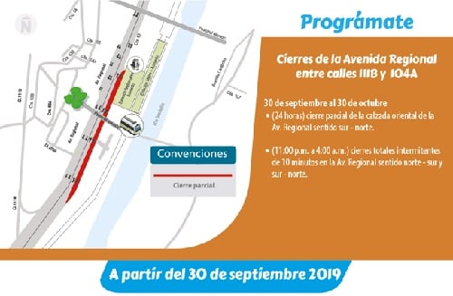 Cierre parcial de la Avenida Regional para obras del Metrocable Picacho a partir del lunes 30 de septiembre